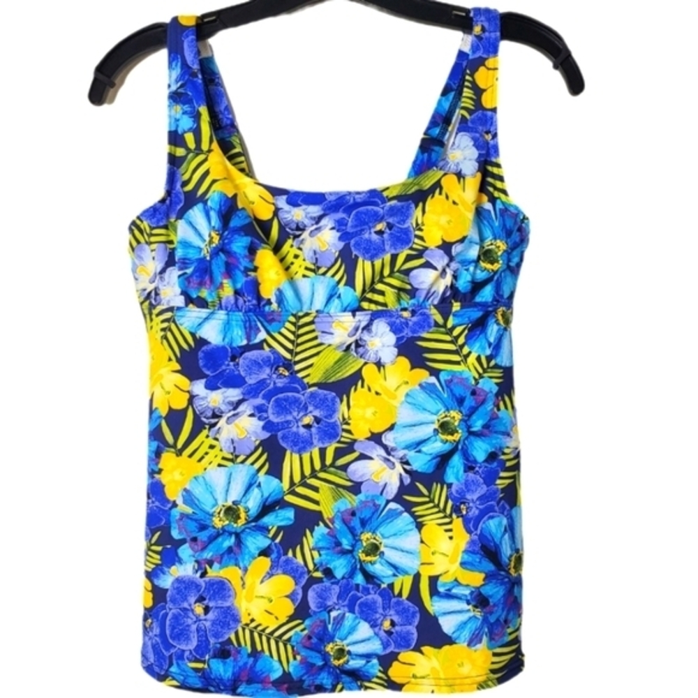 Lands' End Blue & Yellow Floral Square Neck Swim Tankini Underwire Swimsuit Top